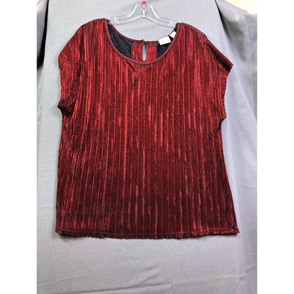 Kim Rogers Woman Red Metallic Pleated Keyhole Back Blouse Top Plus Size 3X